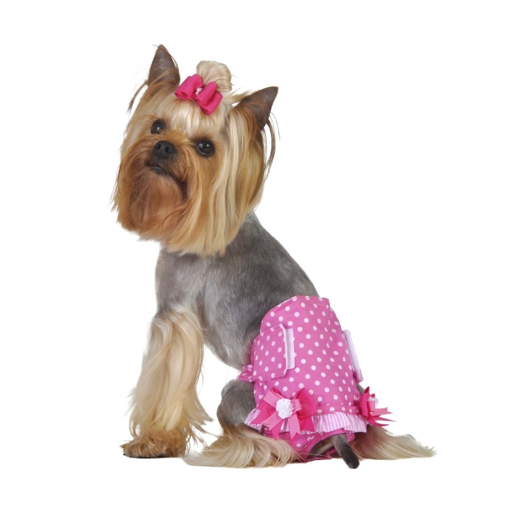 Female dog diaper with bows and ruffle trim